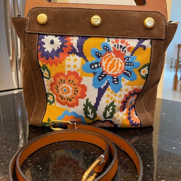 TORY BURCH COLORFUL NEEDLEPOINT & BROWN SUEDE BERMUDA HANDBAG DETACHABLE STRAP - Picture 3 of 16